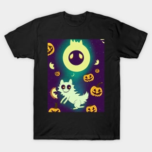 halloween ghost cat with pumpkins T-Shirt